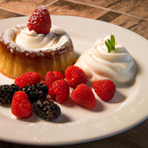 Hình ảnh một chiếc bánh flan được trình bày đẹp mắt với một muỗng kem tươi và được trang trí bằng trái cây tươi.