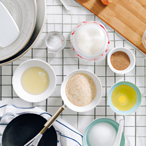 Một bức ảnh hấp dẫn về các nguyên liệu và công cụ được sử dụng để làm bánh bột gạo với trứng gà, thể hiện quá trình chuẩn bị.