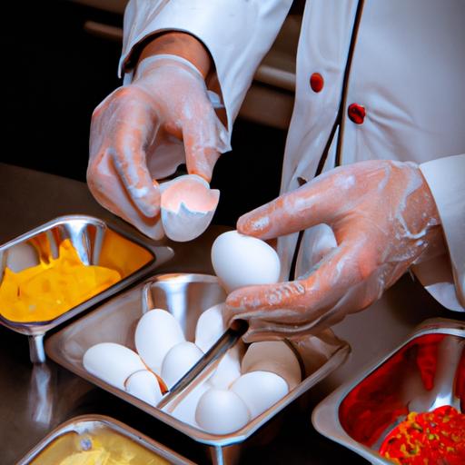 Một hình ảnh ghi lại cận cảnh đôi tay của đầu bếp chọn lựa cẩn thận những nguyên liệu tốt nhất cho kem bánh sinh nhật. Bức ảnh nhấn mạnh tầm quan trọng của việc chọn kem tươi, trứng và các thành phần khác tươi ngon và chất lượng cao để đảm bảo kết quả hoàn hảo.