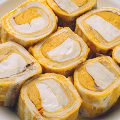 Một tấm ảnh chụp cận cảnh đĩa bánh bột gạo với trứng gà, với màu vàng hấp dẫn và chất liệu mềm mịn.