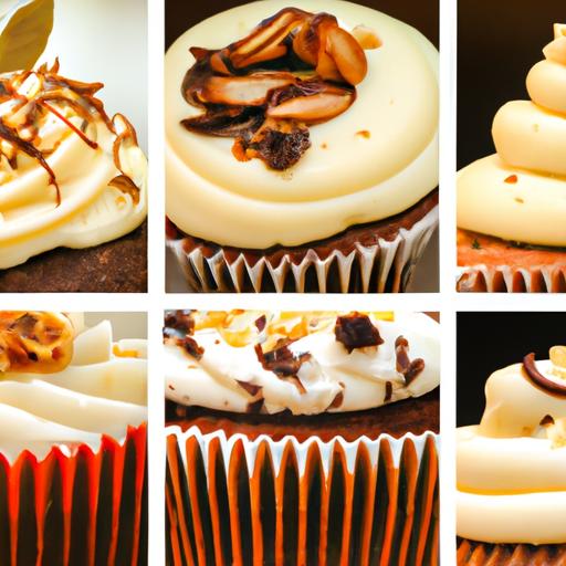 Một bức ảnh kết hợp hiển thị các loại bánh cupcake phổ biến, bao gồm hương vị vani, socola, hạt dẻ và trái cây.