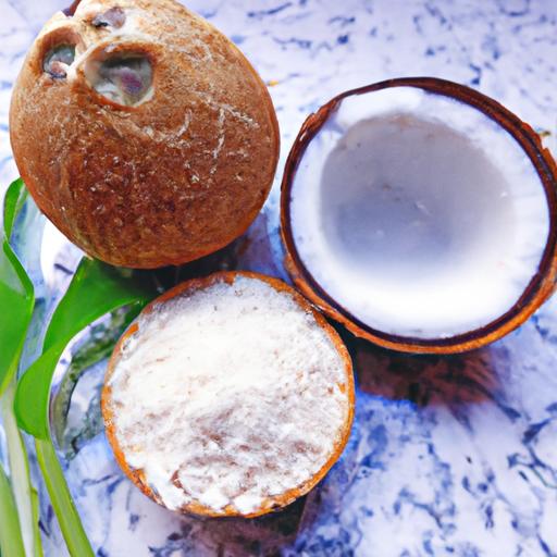 Hình ảnh thể hiện các thành phần dinh dưỡng có trong bánh in nhân dừa non như dừa non tươi và nước cốt dừa. Các thành phần này có tác dụng tích cực đối với sức khỏe và tinh thần.