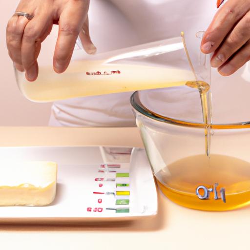 Hình ảnh một người đang cẩn thận đo lường các nguyên liệu để làm bánh flan và nhấn mạnh sự quan trọng của nguyên liệu chất lượng.