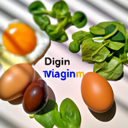 Hình ảnh gồm các nguồn thực phẩm tự nhiên giàu Vitamin D3 và K2, như ánh sáng mặt trời, trứng và rau xanh lá.