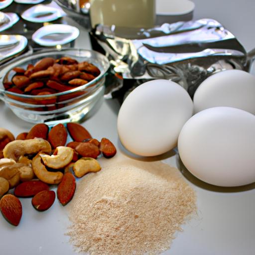 Hình ảnh về các nguyên liệu chính trong bánh Keto bao gồm hạnh nhân, điều, dừa và trứng.