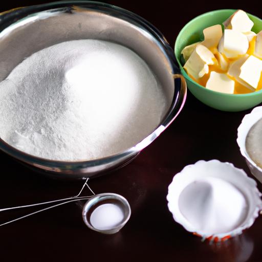 Hình ảnh các thành phần của bột làm bánh bông lan gồm bột mỳ, đường, trứng và bơ.