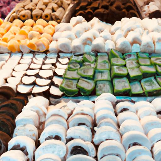Hình ảnh nhiều loại bánh in nhân dừa được trưng bày tại chợ truyền thống, thu hút khách hàng bằng vẻ đẹp ngon lành.