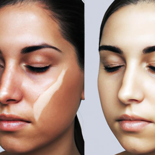 Hình ảnh so sánh trước và sau khi sử dụng phấn bắt sáng, cho thấy hiệu ứng làm sáng trên da.