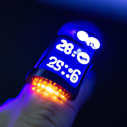 Một người đang đeo thiết bị SpO2 trên ngón tay, cho thấy đèn LED và màn hình hiển thị.