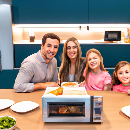 Một gia đình cười tươi thưởng thức một bữa ăn ngon được chuẩn bị bằng lò vi sóng Hafele.